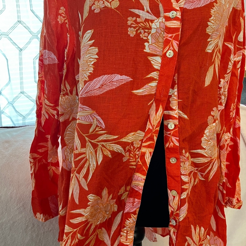 Cynthia Rowley 100% Linen Orange Floral Button-Down Shirt Women’s 2X Excellent - Picture 3 of 9